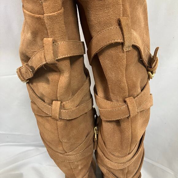 Sam Edelman Tan Suede OTK Boots 7 Leather Heel Wrap Strap Tall Zip Buckle - Picture 7 of 16